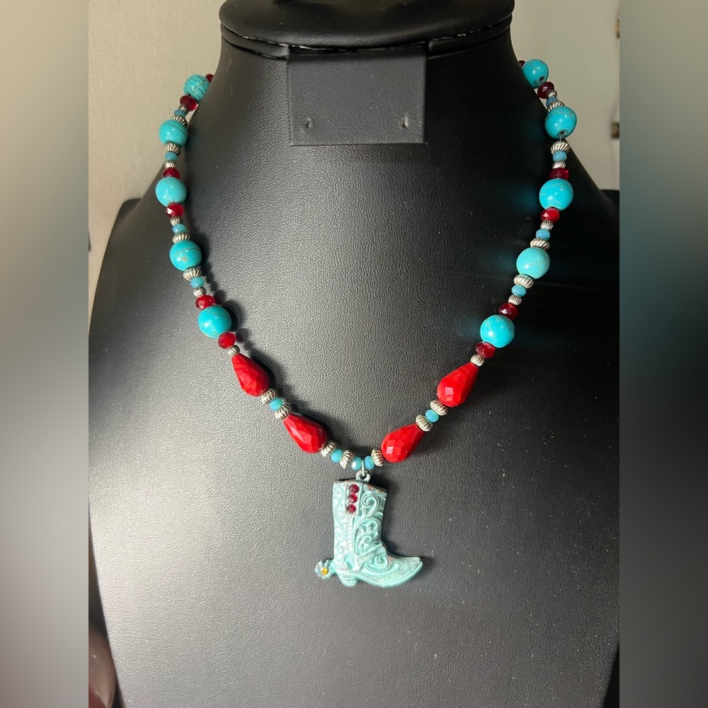 Turquoise and Red Beaded Necklace with Boot Pendant